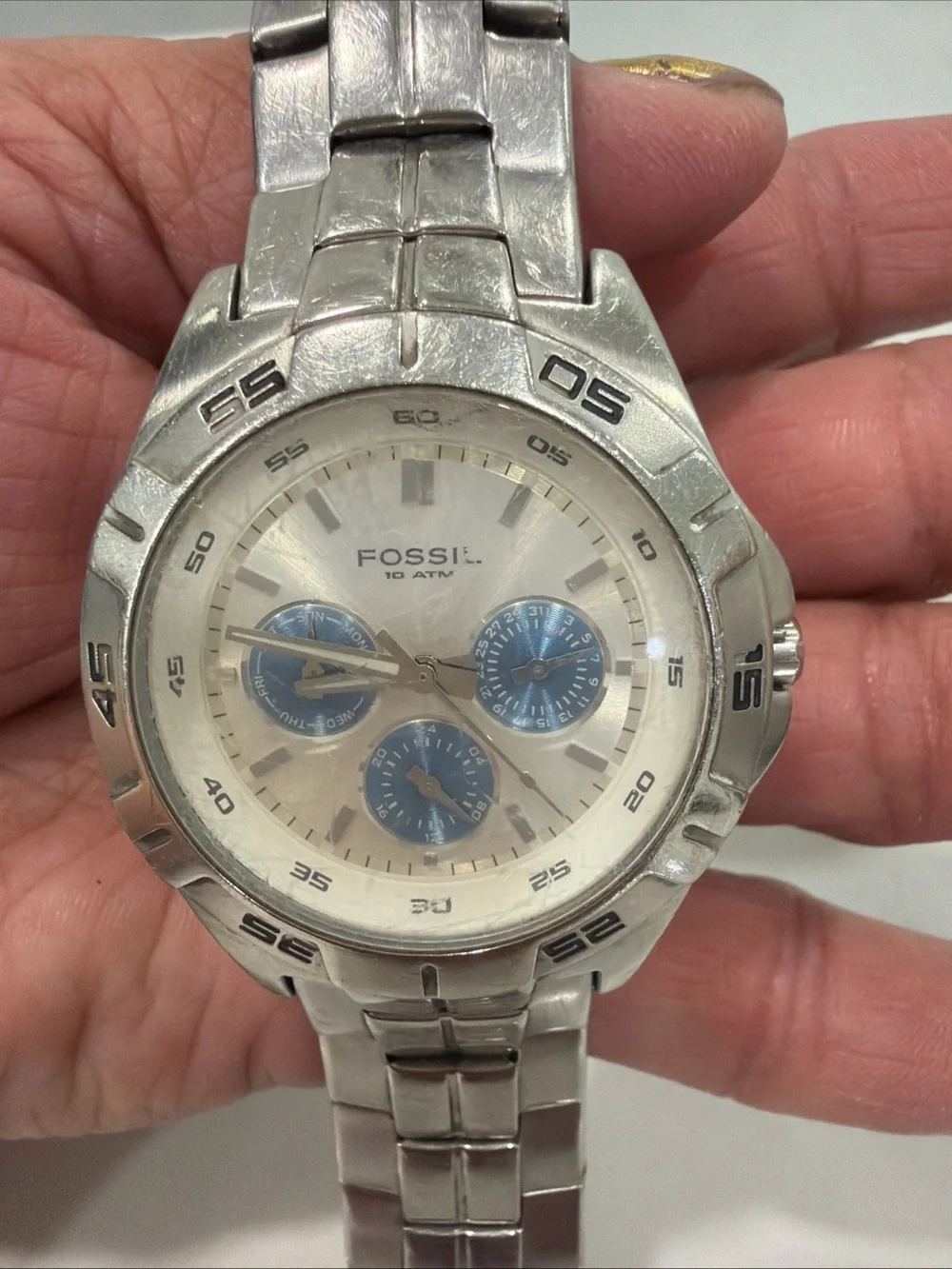 Fossil Men's Silver Stainless Steel Chronograph Watch with Blue Subdials